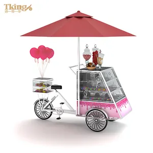 تصميم جديد في الهواء الطلق الحلوى وجبة خفيفة دراجة خزانة من اﻷكريليك الفولاذ المقاوم للصدأ عربة عرض من الفولاذ المقاوم للصدأ