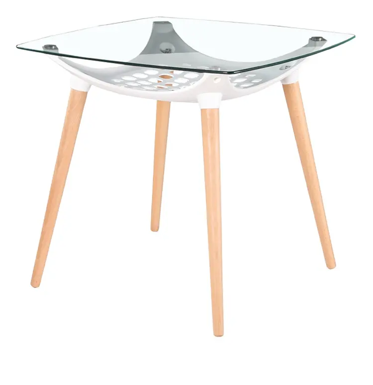 Sıcak satış çin fabrika kare cam Modern basit tarzı cam üst kayın ahşap bacaklar yemek masası sehpa