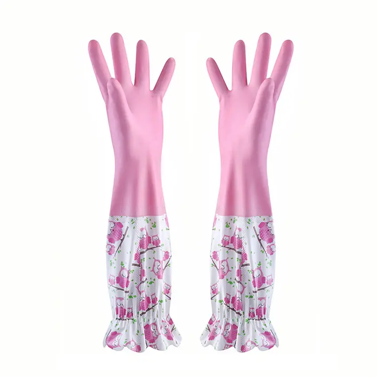 Wholesale Fit Kitchen Cleaning Housekeeping Ripple Sleeve Latex Gloves Dishwashing Rubber Wash Clothes Rubber Gloves