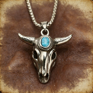 Collar yunnique con colgante de cabeza de toro de acero inoxidable con incrustaciones de turquesa para hombre, joyería de regalo - Product Image 3
