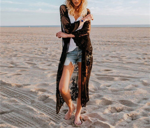 2020 Women Floral Mesh Lace Loose Fit Embroidery <strong>Kimonos</strong> Plus Size Flare Sleeve <strong>White</strong> Cardigan Cover up Lace <strong>Kimonos</strong> - Product Image 4
