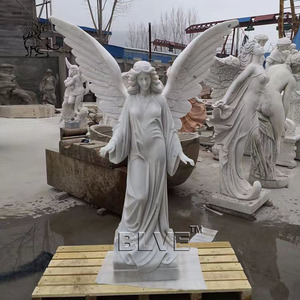 Estatua de Ángel Llorón Arrodillado de Mármol Blanco Grande con Alas, Lápida, MTG-006 - Product Image 4