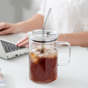 Mug en verre avec couvercle et paille 500 ml pour café glacé, thé, bière, tasse individuelle, couleur unie - Product Image 1