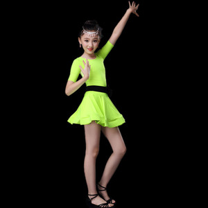 Girls Children's Latin <b>Dance</b> <b>Dress</b> Short Sleeve Chlorinated Fiber Practice Performance Costume Green Black Orange Spring 2017 - Product Image 3