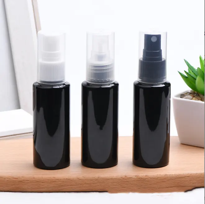 stock 50ml PET plastic black color perfume water toner Spray Bottle With full cover Fine Mist Sprayer For Cosmetic Packaging
