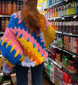 Color Block <strong>Rainbow</strong> Knitted Cardigan <strong>Top</strong> Coat Women's Autumn and Winter Hand Knitting Thick Crochet Sweater - Product Image 4