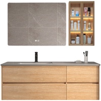 Meuble-lavabo George personnalisé en MDF laqué avec grand évier, panneau cannelé, plateau en marbre naturel et miroir intelligent LED pour salle de bain