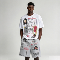 Ensemble 2 pièces vintage pour homme : T-shirt à manches courtes imprimé graffiti et short de survêtement – Tenue oversize streetwear style club pour personnalités publiques