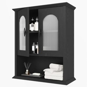 <span class=keywords><strong>Armoire</strong></span> murale <span class=keywords><strong>noire</strong></span> pour salle de bain avec porte cannelée, <span class=keywords><strong>armoire</strong></span> à <span class=keywords><strong>pharmacie</strong></span>, organisateur de rangement au-dessus des toilettes pour les espaces de salle de bain modernes - Product Image 2