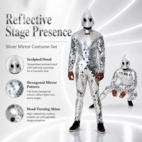 Costume de scène et de danse pour homme, intégral, avec miroirs hexagonaux et casque en forme de goutte d'eau argenté, pour cosplay Alien Sci-Fi, tenue unique