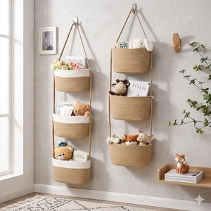 Woven <b>Basket</b> <b>Storage</b> Rack <b>Wall</b> Mounted 3 Tier Cotton Rope Organizer For Toys Books Room Decor - Product Image 1