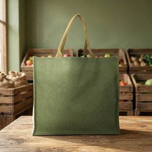 Bolsa de Yute Grande a Rayas Verde Oliva con Asa de Cuerda para Compras, Procedente de la India - Product Image 4
