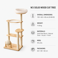 Arbre à chat multi-niveaux en chêne massif avec capsule spatiale en acrylique et boule à gratter rotative W3 133cm