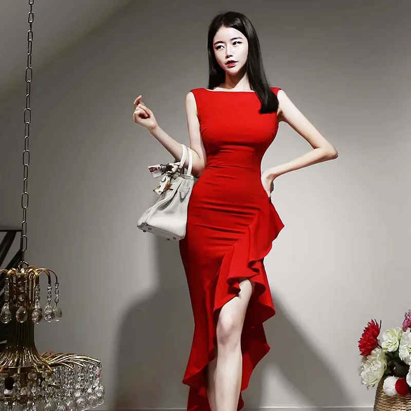 도착 판매 2024 새로운 여성 의류 도매 패션 의류 우아한 캐주얼 드레스 얇은 섹시 불규칙한 드레스의 한국어 버전