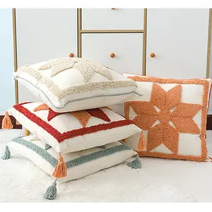 Boho Pillow Cover Cotton Tufted Woven Pillow Cover Decorative Square Pillow cases for Couch Sofa Bed