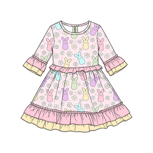 Précommande Robe Enfant Fille à Volants Motifs Lapin de Pâques et Fleurs, Barboteuse Bébé, Vêtements Mignons pour Enfants et Sœurs - Product Image 1
