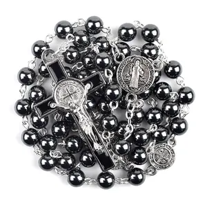 Hematite Rosary Natural Stone Beads St Benedict Medals Rosary Black Men Stainless Steel Catholic Rosaries
