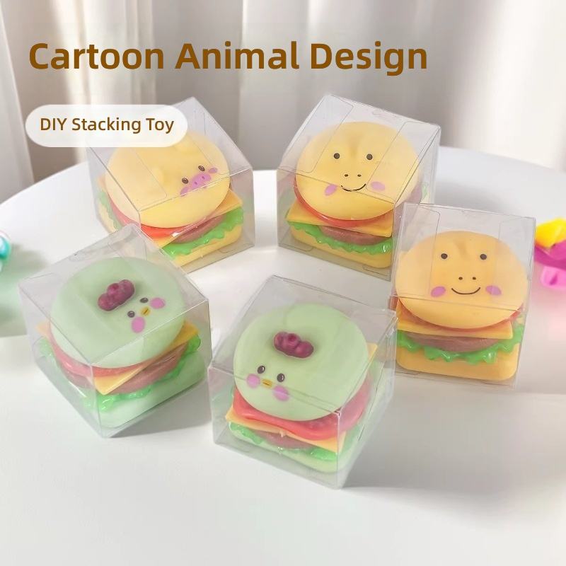 Toy Stack Animated Cartoon Animal Hamburger Squishy DIY Stacking Fidget Toy Realistic Food ...