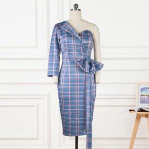 Sexy Chic Irrégulière Une Épaule <span class=keywords><strong>Plaid</strong></span> Noeud Papillon Dames Robes De Bal - Product Image 2