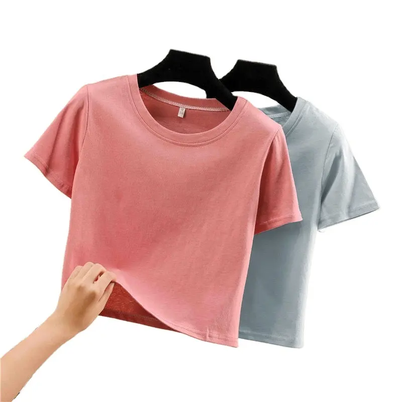 T-shirt Crop lengan pendek wanita, Dress dasar ramping pinggang tinggi bercetak Digital musim panas untuk perempuan