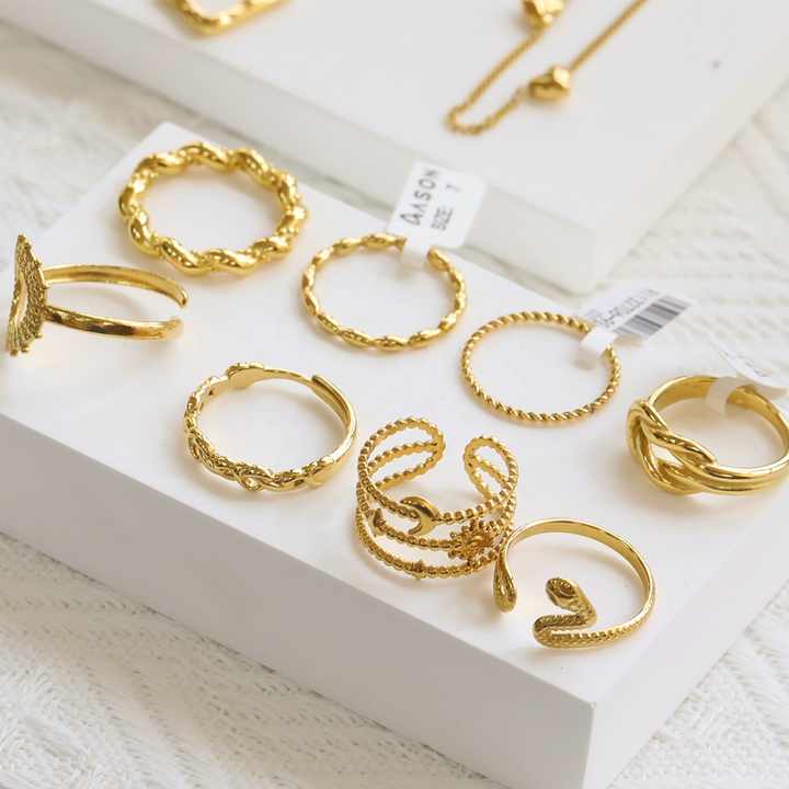 Dainty Stainless Steel Jewelry Rings Set for Women 18k Gold Plated ...