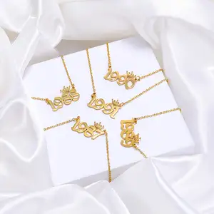 HOVANCI 18K Gold Plated Box Chain Crown Number Pendant Necklace Fashion High Polished Stainless Steel Royal Crown Year Necklace