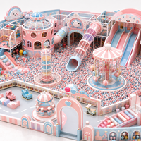 Aire de jeux intérieure personnalisée pour enfants, thème Bonbons Rêveurs, avec toboggan, piscine à balles, structure d'escalade, carrousel et jeux de rôle