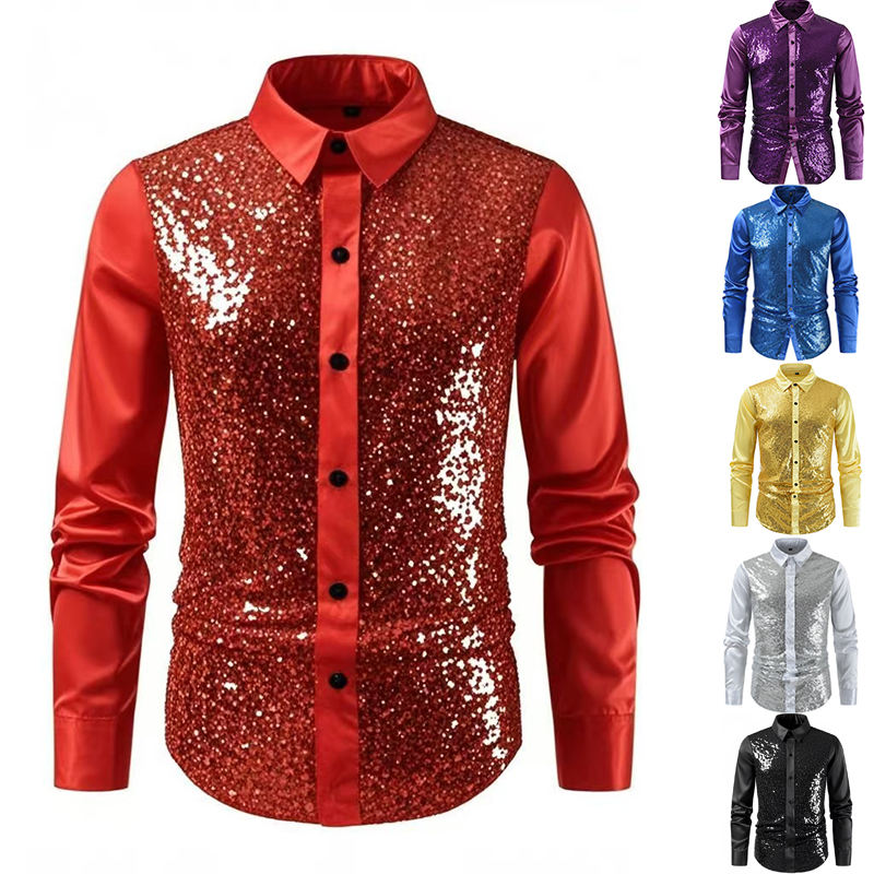 Silk Satin Shiny Disco Dress Shirts for Men Quick Dry
