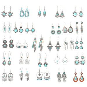 Bohemia Style Silver Plated Turquoise <b>Tassel</b> <b>Earrings</b> Women's Everyday Wear Cultural Jewelry Set - Product Image 5
