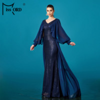 Volants Sirène Bleu Sequin Longue Élégante Modeste Robes De Soirée Robe De Soirée Pour Les Femmes