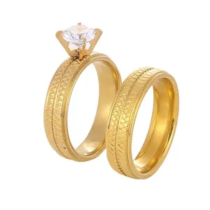 Wedding Jewelry Stainless Steel Grid Designed Gold Plated Engagement Ring Couple CZ Rings