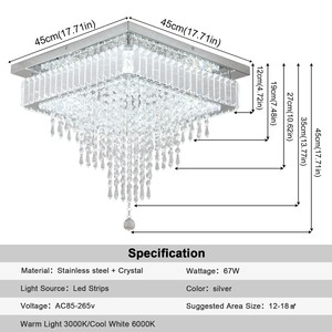 โคมไฟระย้าคริสตัล LED ทรงสี่เหลี่ยมทันสมัยพร้อมหยดน้ำสำหรับไฟห้องนอน แสงสีขาว ติดตั้งบนพื้นผิว - Product Image 4