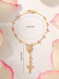 Joyería Religiosa, Virgen de Guadalupe, Cruz con Circonitas, Pulsera con Colgante de la Virgen María, Bañada en Oro de 14k, Pulsera con Cruz de Rosario Tricolor - Product Image 3