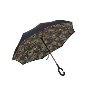 Unique Self Standing Reverse Design Green Peacock <b>Feathers</b> Double Layer Inverted Umbrella With C-Shaped Handle - Product Image 1