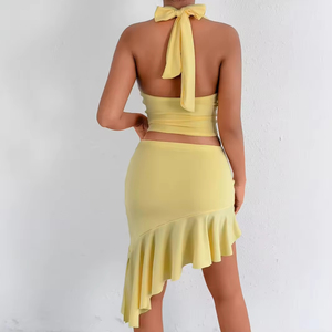 Ensemble robe d'été pour femme, style européen et américain, sexy, col licou, ourlet irrégulier, moulant, taille naturelle, en mousseline de soie - Product Image 2
