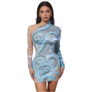 Robe fourreau élégante à manches longues ornée de cristaux, strass et sequins pour anniversaire, mariage, soirée, mini-robe de cocktail, banquet, bal de promo, moulante pour femme - Product Image 1
