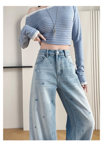 Jean large en denim pour <span class=keywords><strong>femme</strong></span> Huanqiu, taille haute, délavé clair, orné de strass brillants, style streetwear - Product Image 5