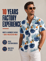 Chemise boutonnée à manches courtes d'été à imprimé feuilles tropicales et fruits, blanche, avec poche poitrine, 100 % polyester, personnalisable