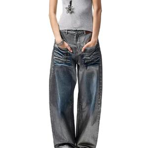 Jeans délavés sur mesure pour femmes, en denim 100% coton, style baggy Y2K, vente en gros - Product Image 3