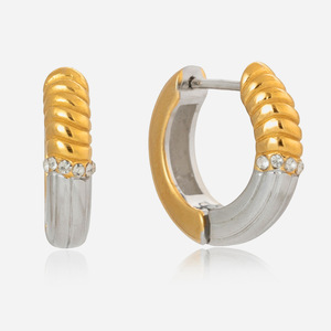 <b>Huggie</b> Earrings Gold <b>Silver</b> Color Block White Rhinestone Stainless Steel Everyday Wear Geometric Design - Product Image 1