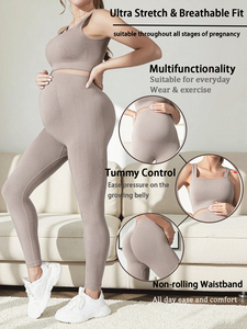 Traje de Yoga de maternidad transpirable y sin costuras para mujer Sujetador deportivo cómodo y mallas con patrón sólido para mujeres embarazadas - Product Image 4