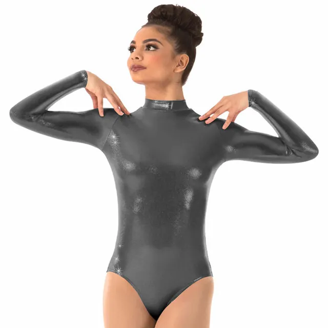 Women's Gray Metallic Leotard Adult Shiny Long Sleeve Dance Leotards Turtleneck Ballet Dancewear Girls Gold Leotard Tops