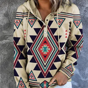 Sudadera con capucha de manga larga para otoño e invierno, informal, holgada, geométrica, estilo bohemio, multicolor, cuello redondo, 2023