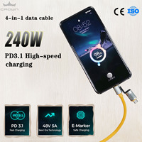 Câble de charge rapide 240W 5A en silicone 4-en-1 USB vers C/8 broches pour iPhone 15 Pro Max, compatible avec iPhone 11, 12, 13, 14