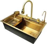 Évier de cuisine rectangulaire noir en acier inoxydable 304 nano, fait main, à cuve unique, avec robinet doré, évier intelligent