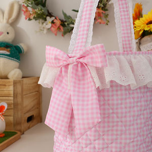 Vente en gros Paniers de Pâques avec nœud à volants vichy Panier de Pâques vide pour enfants avec broderie lapin - Product Image 6