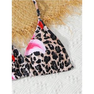 FOXA Ensemble bikini 3 pièces léopard pour fille, maillot de bain triangle à bretelles florales avec jupe de plage, extensible, en spandex et polyester - Product Image 4