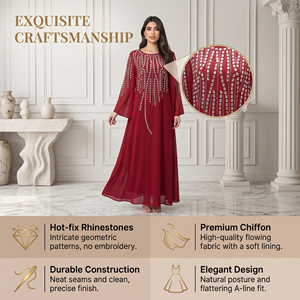 Premium Style Muslim Event <b>Dress</b> Red Hotfix Chiffon <b>Long</b> Sleeve Maxi with Belted Waist <b>for</b> <b>Eid</b> Banquet Display - Product Image 3