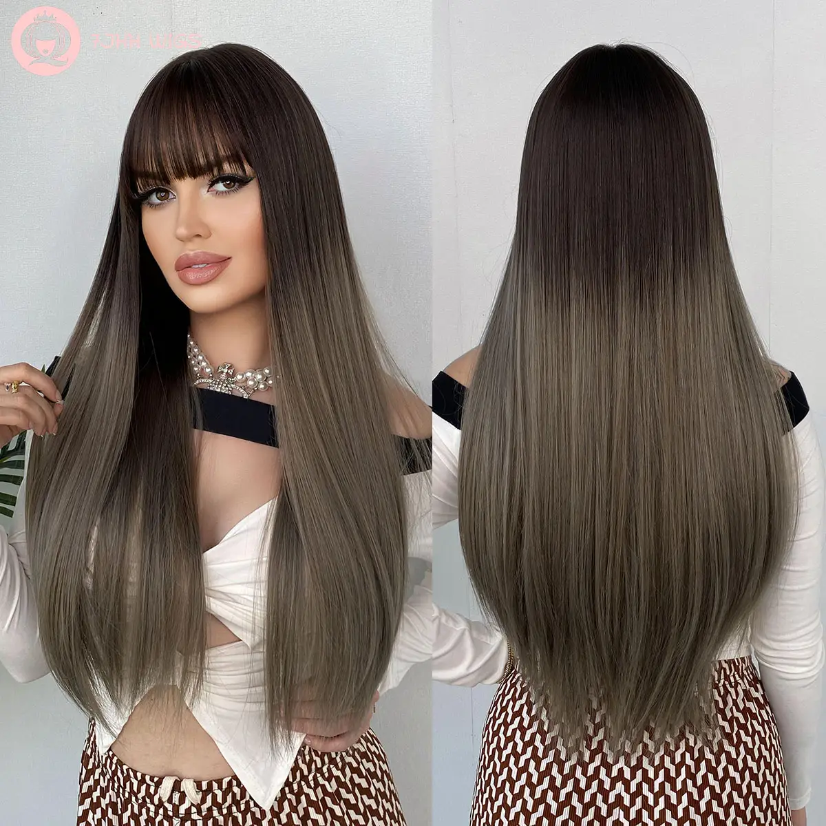 Ombre Gray Wig with Bangs Straight Long Wig for Women Dark Gray Hair Synthetic Heat Resistant Fiber 27 Inches for Cosplay Lolita