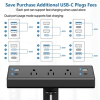Prise de courant à fixation sur bureau ETL avec 2 ports USB-A, 1 port USB-C, 3 prises CA, protection contre les surtensions, pour bureau